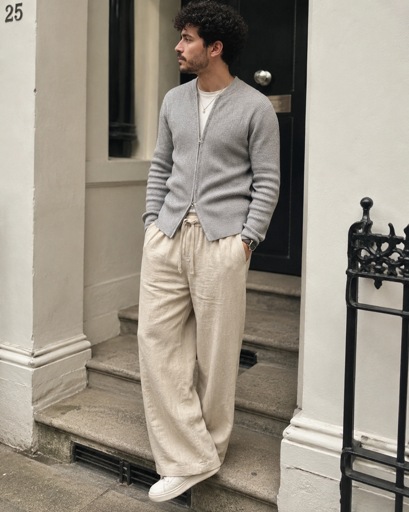 “James in the Elegante Knit Zip Cardigan”