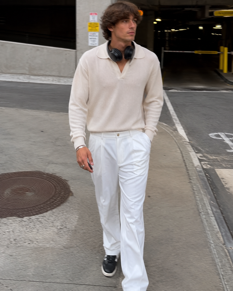 “Pedro wearing the Lento V-Neck Polo Sweater in Lake Como”